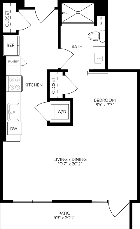Floor plan for studio, 1 bath, 617 sqft